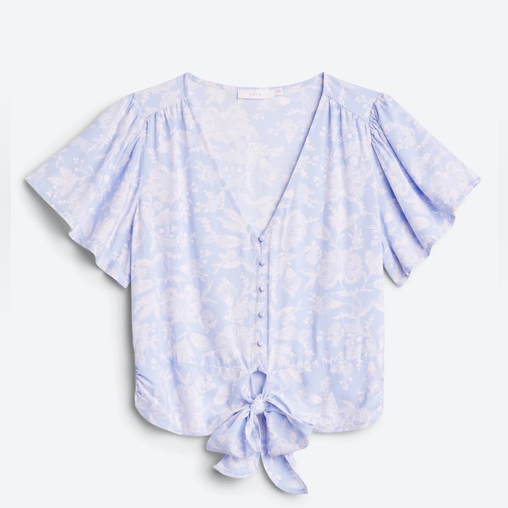 Lush Light Blue & White Caroline Tie Front Blouse - Size L